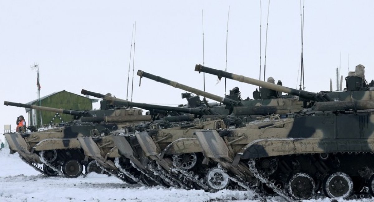 BMP-3 infantry fighting vehicles of the Russian Southern Military District's 150th Rifle Division take part in a military exercise at Kadamovsky Range, in the Rostov region of Russia, near Ukraine, Jan. 27, 2022. TASS VIA GETTY IMAGES / ERIK ROMANENKO