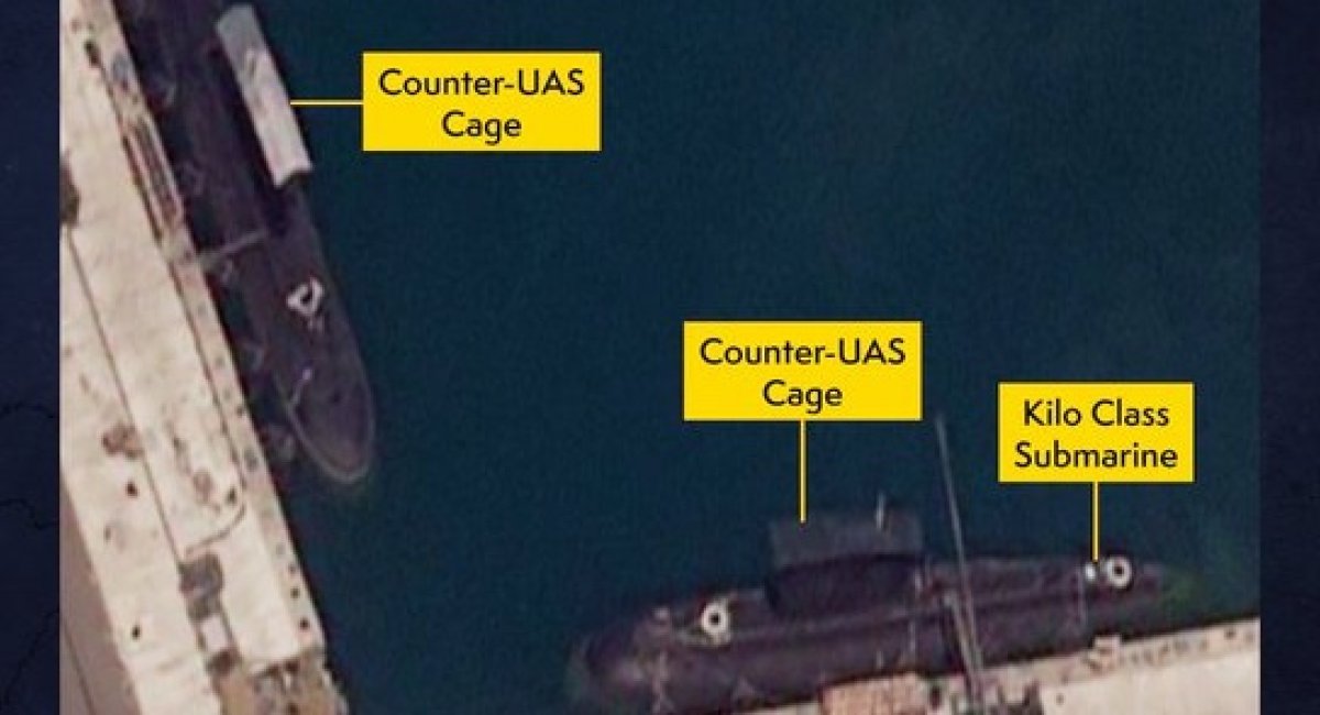 Commercial satellite imagery shows the russian Black Sea Fleet has begun fitting KILO-class submarines with counter-UAS cages / Photo credit: The UK Defence Intelligence 