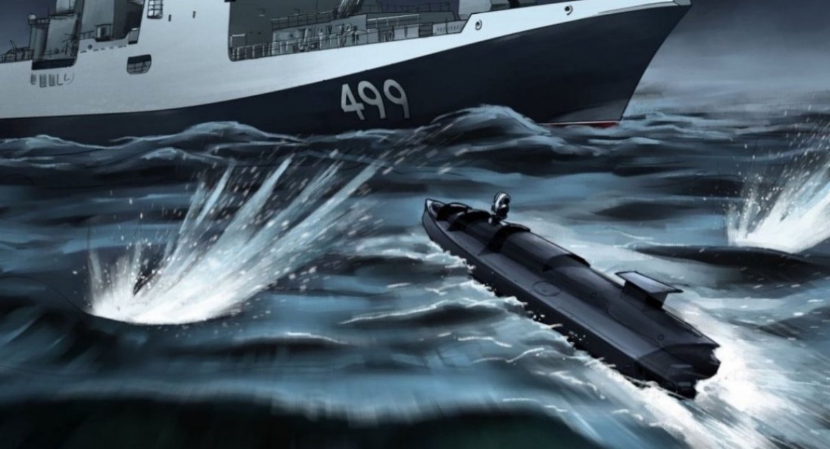 Rendered image: Ukrainian Defense Forces' kamikaze sea drone attacking the russian frigate Admiral Makarov on October 29, 2022 / Open-source image