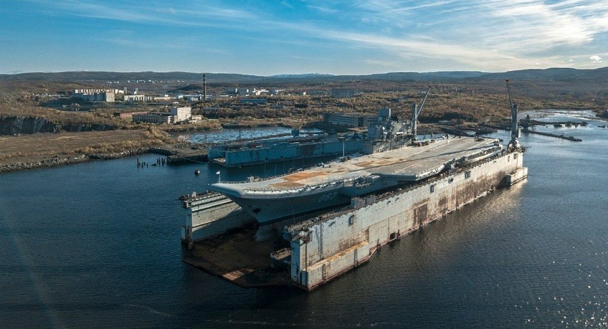 The PD-50 floating dock with the Admiral Kuznetsov aircraft carrier on board