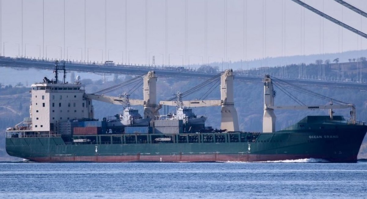 The Ocean Grand cargo ship seen sailing through the Dardanelles carrying two patrol boats designed to beef up the Ukrainian Navy