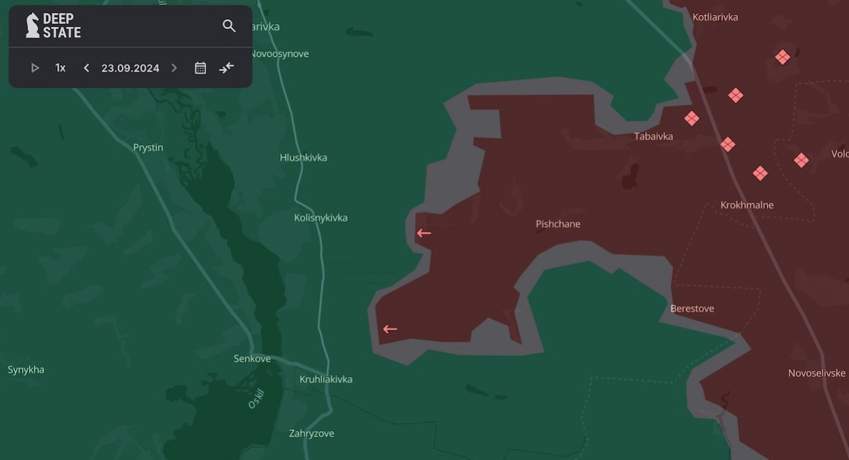 russian troops push westwards from Pishchane village, nearing the Oskil river / screenshot from DeepStateMap 