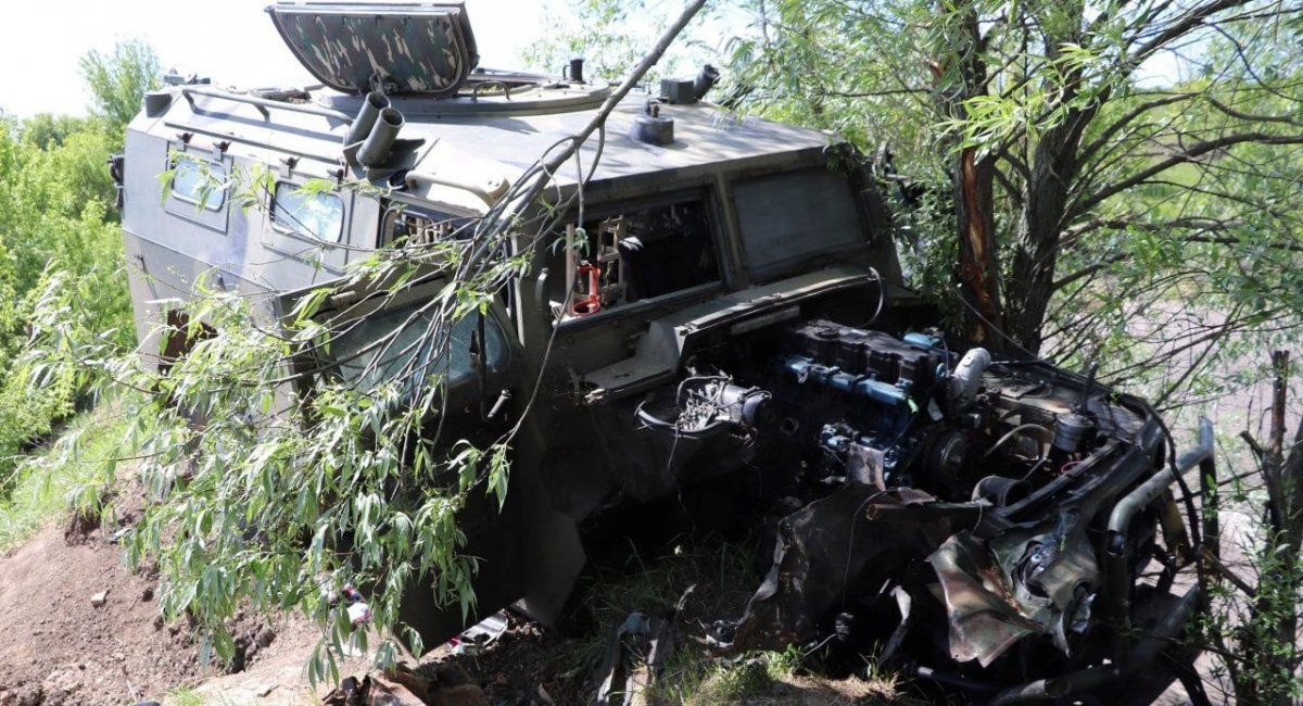 A destroyed Russian Tigr-M infantry mobility vehicle in Bezruky, Kharkiv region