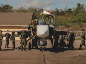 Sweden Cuts Gripen Turnaround From 15 to 10 Minutes Including Hot Rearming, Team of One Officer and Five Conscripts Does Full Refuel, Rearm and Relaunch 