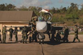 Sweden Cuts Gripen Turnaround From 15 to 10 Minutes Including Hot Rearming, Team of One Officer and Five Conscripts Does Full Refuel, Rearm and Relaunch 