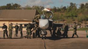 Sweden Cuts Gripen Turnaround From 15 to 10 Minutes Including Hot Rearming, Team of One Officer and Five Conscripts Does Full Refuel, Rearm and Relaunch 