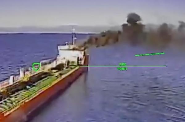​Ukrainian Drone Strikes russian Shadow Fleet Tanker Right Under Helicopter's Nose (Video)